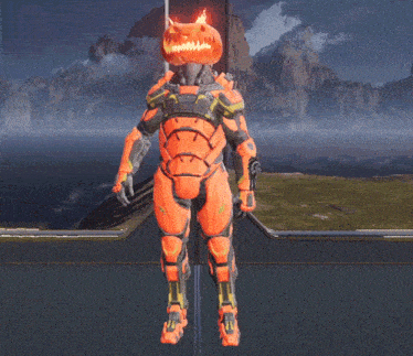 a robot with a pumpkin head is standing in front of a landscape