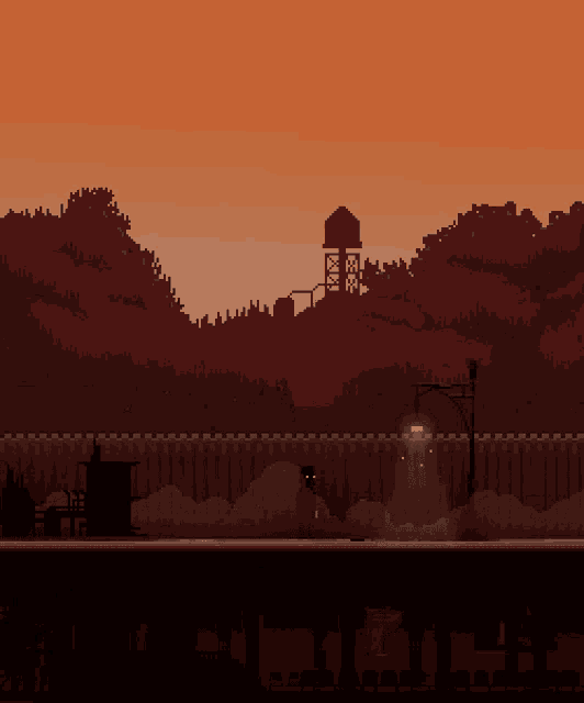 a pixel art scene with a water tower in the distance
