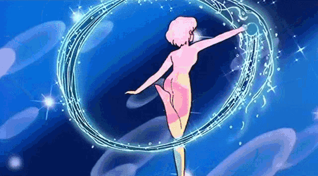 a naked woman in a pink dress is dancing in a circle of light .