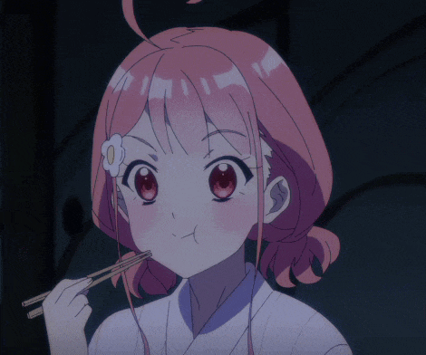 a girl with pink hair is eating with chopsticks and has a flower in her hair