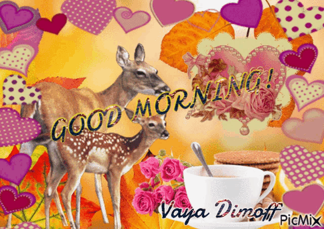 a picture of two deer and a cup of coffee that says " good morning "