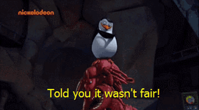 a nickelodeon advertisement with a penguin on top of a red monster