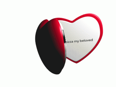 a heart shaped mirror shows a slice of pickle pizza