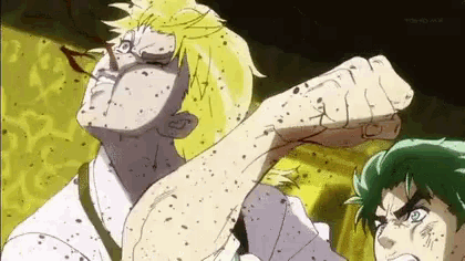 a man is giving a fist bump to another man in a jojo 's bizarre adventure anime .
