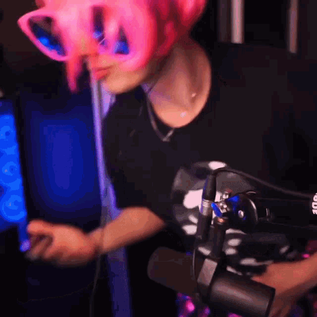 a person wearing a pink wig and sunglasses stands in front of a microphone