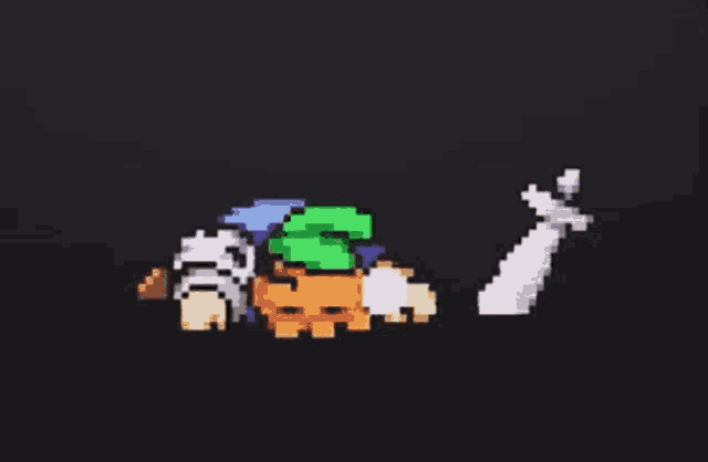 a pixel art of a turtle with a green hat and a sword