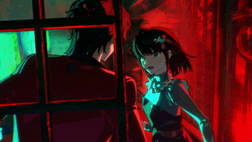 a man and a woman are looking out of a window in a dark room