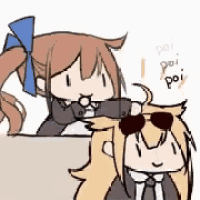 a cartoon of a girl with a blue bow standing next to a boy with sunglasses .