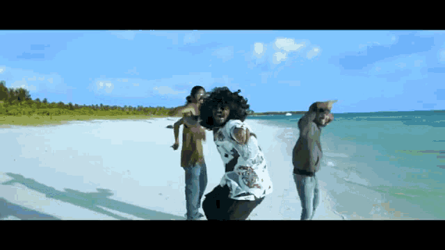 a group of people are standing on a beach with their hands in the air