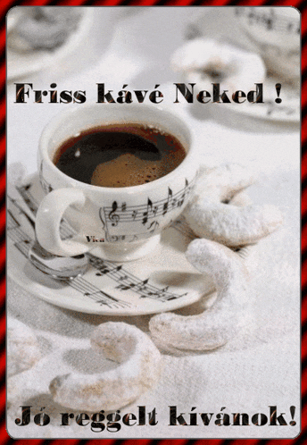 a cup of coffee sits on a saucer next to music notes and cookies