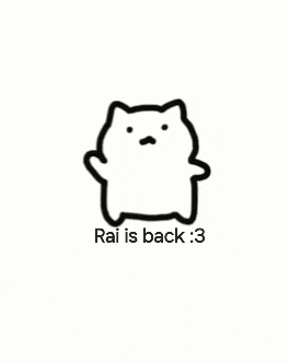 a black and white drawing of a cat with the words `` rai is back : 3 '' written below it .