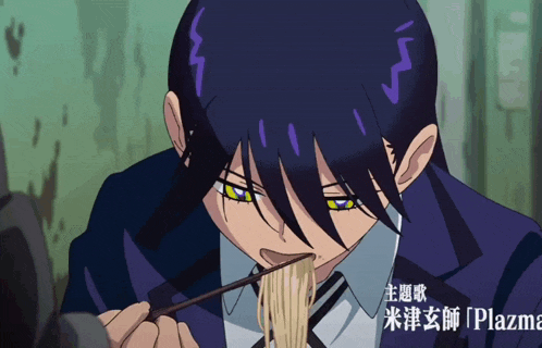 a cartoon character is eating noodles with chopsticks and the word plazma is on the bottom