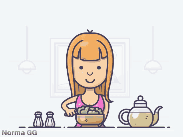 a cartoon illustration of a woman making a salad with norma gg written below her