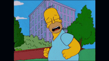 homer simpson is standing in front of a building with his eyes closed