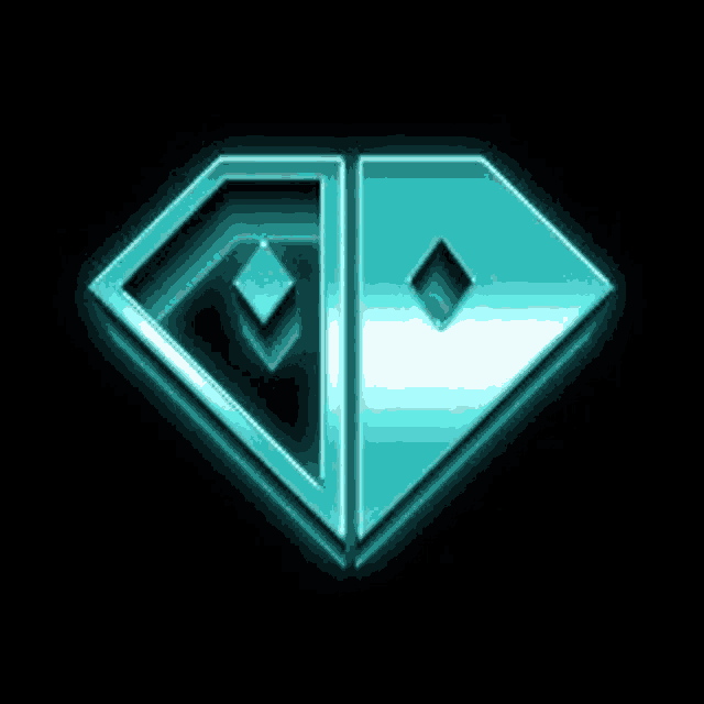 a blue diamond with two squares inside of it is glowing on a black background .