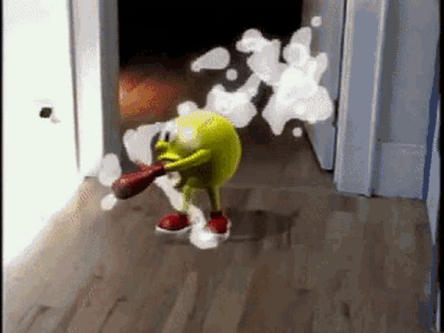 a yellow cartoon character is standing on a wood floor