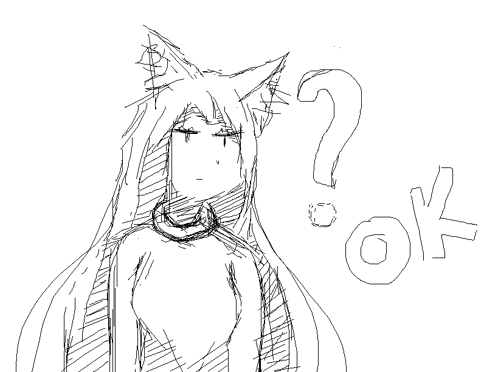 a black and white drawing of a girl with cat ears and a question mark