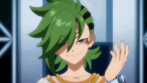 a girl with green hair and purple eyes is waving her hand