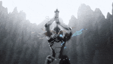 a robot is holding a sword in his hands in front of a mountain .