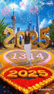 a woman is standing in front of a fireworks display for the year 2025 .