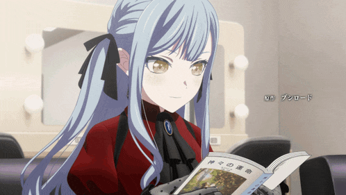a girl with blue hair is reading a book