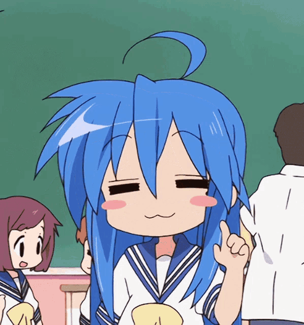 a girl with blue hair is giving the thumbs up sign