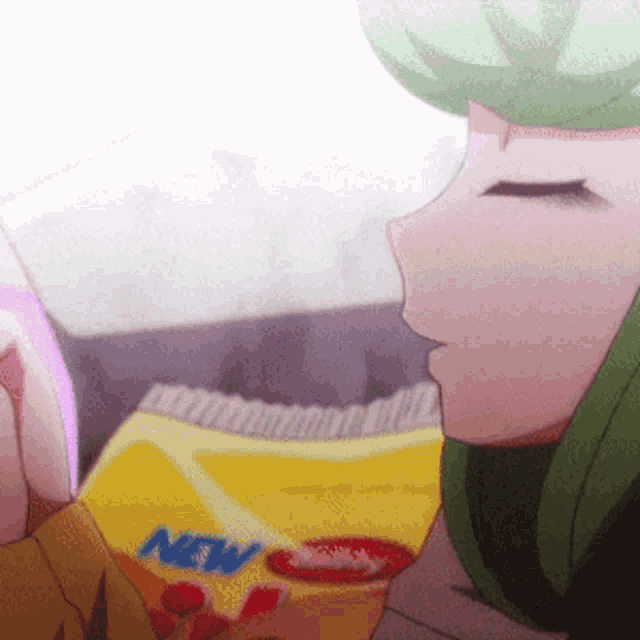 a girl with green hair is holding a yellow bag that says new