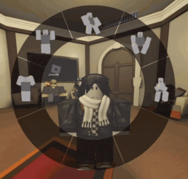 a roblox character with a scarf around his neck is surrounded by other characters