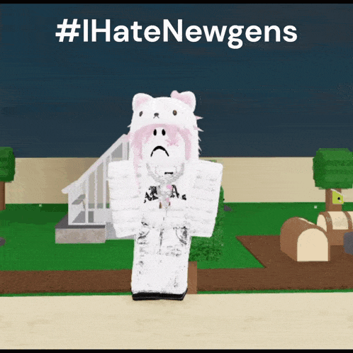 a person wearing a white cat hat with a sad face and the words #ihatenewgens on the bottom