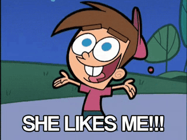 a cartoon character with the words she likes me written below him