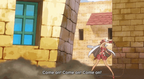 a cartoon of a woman holding a whip and says come on