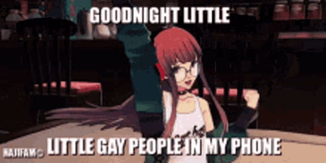 a cartoon of a girl dancing with the caption goodnight little little gay people in my phone