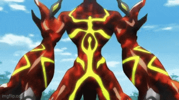 a red monster with yellow lines on its body is standing in front of a blue sky with trees in the background .