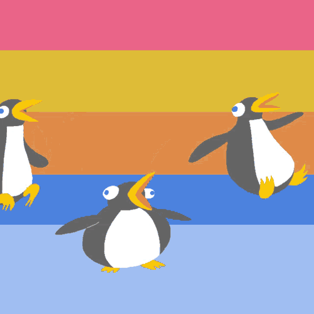 three penguins are dancing on a rainbow colored background