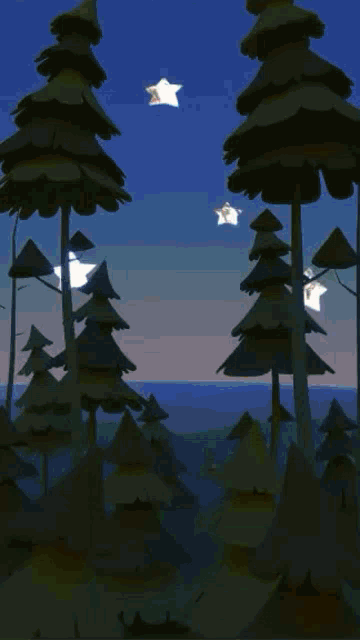 a cartoon illustration of a sunset with trees and stars in the sky