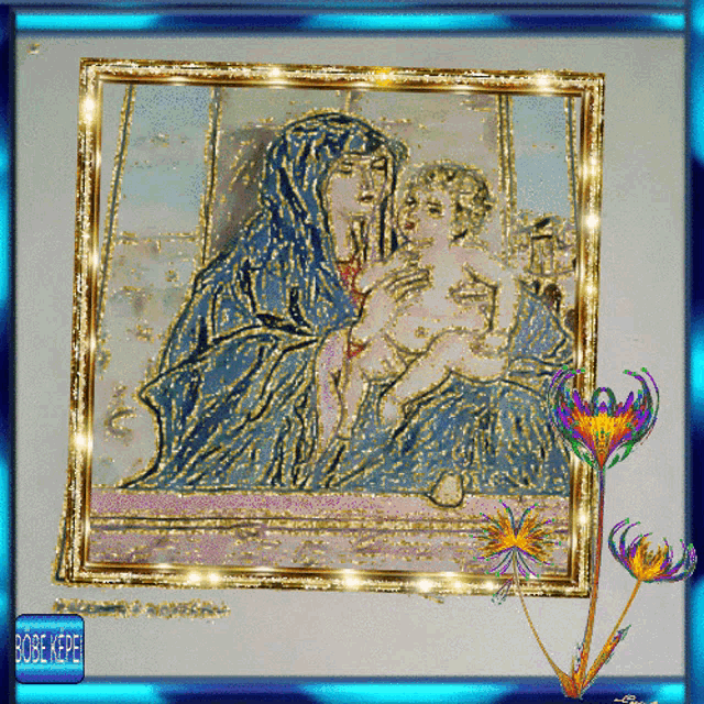 a picture of a woman holding a baby is framed with a blue border and the words bobe kopel on it
