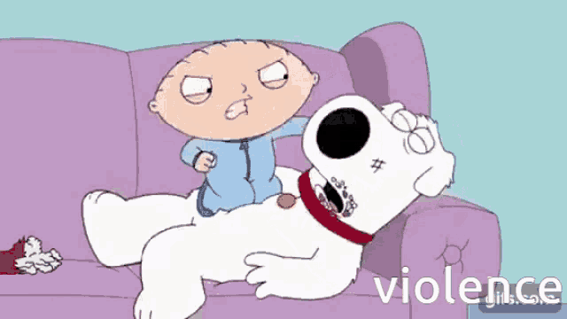 a cartoon of a baby sitting on a couch next to a dog with the word violence above them