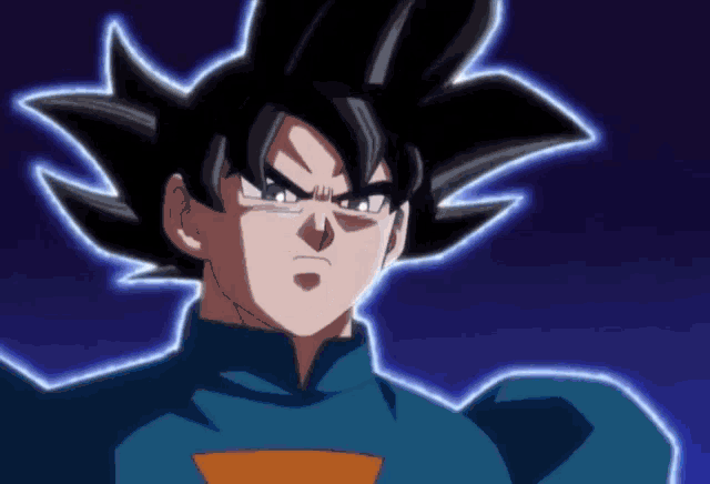 a close up of a dragon ball z character with a blue shirt on