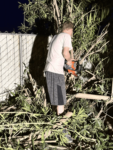 a man is using a chainsaw to cut a tree branch