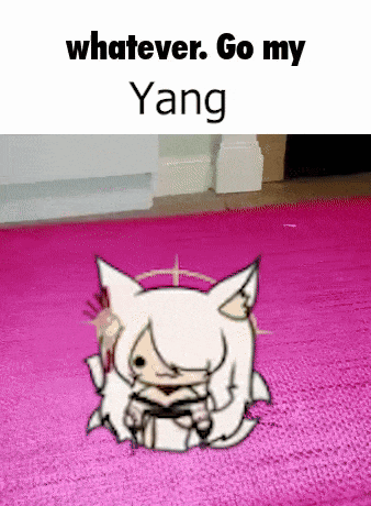 a cartoon cat is sitting on a pink rug with the words whatever go my yang written above it .