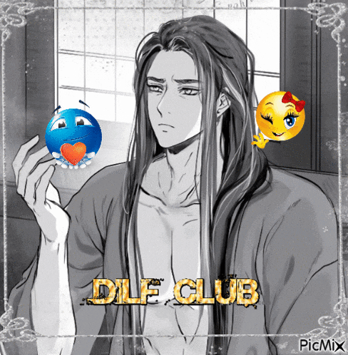 a man with long hair is holding a blue ball with a heart on it and a smiley face behind him that says dle club