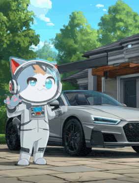 a cat in a space suit is standing in front of a silver sports car
