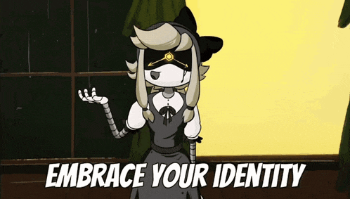 a cartoon character says " embrace your identity " while standing in front of a window