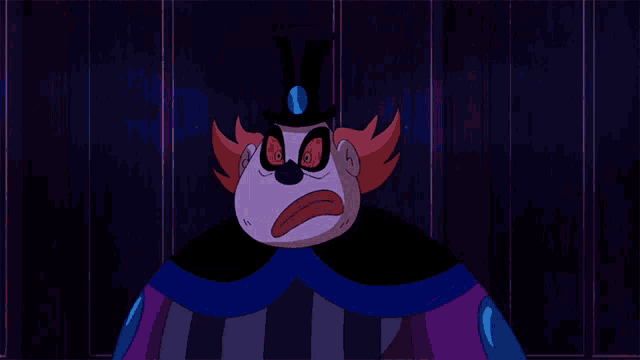 a cartoon drawing of a clown wearing a top hat and a purple cape