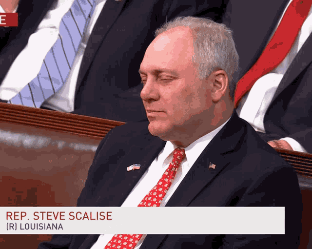 a man in a suit and tie sits in a row with the name steve scalise on the bottom