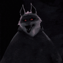 a cartoon wolf with red eyes is wearing a black cloak