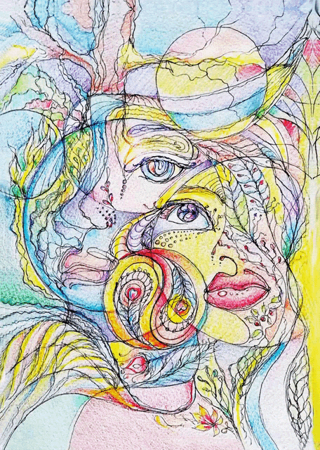 a colorful drawing of a woman 's face with a cat behind her