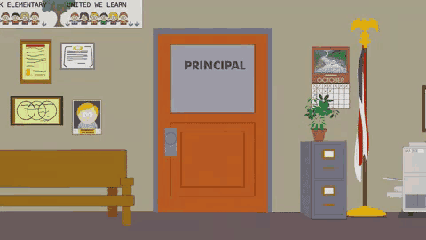 a cartoon of a principal 's office with a sign that says " united we learn "