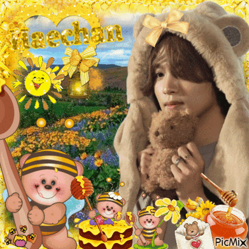 a picture of a girl holding a teddy bear with the name taechan written on it
