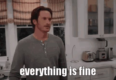 a man is standing in a kitchen with the words `` everything is fine '' .